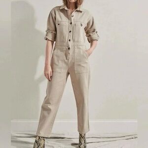 Rita Row Halla Jumpsuit Beige Denim Button Up One Piece